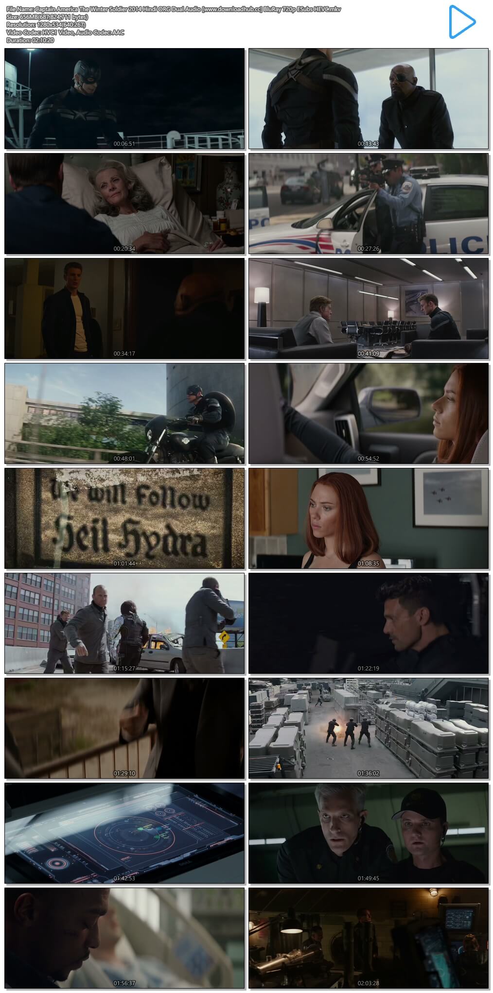 Captain America The Winter Soldier 2014 Hindi ORG Dual Audio 650MB BluRay 720p ESubs HEVC