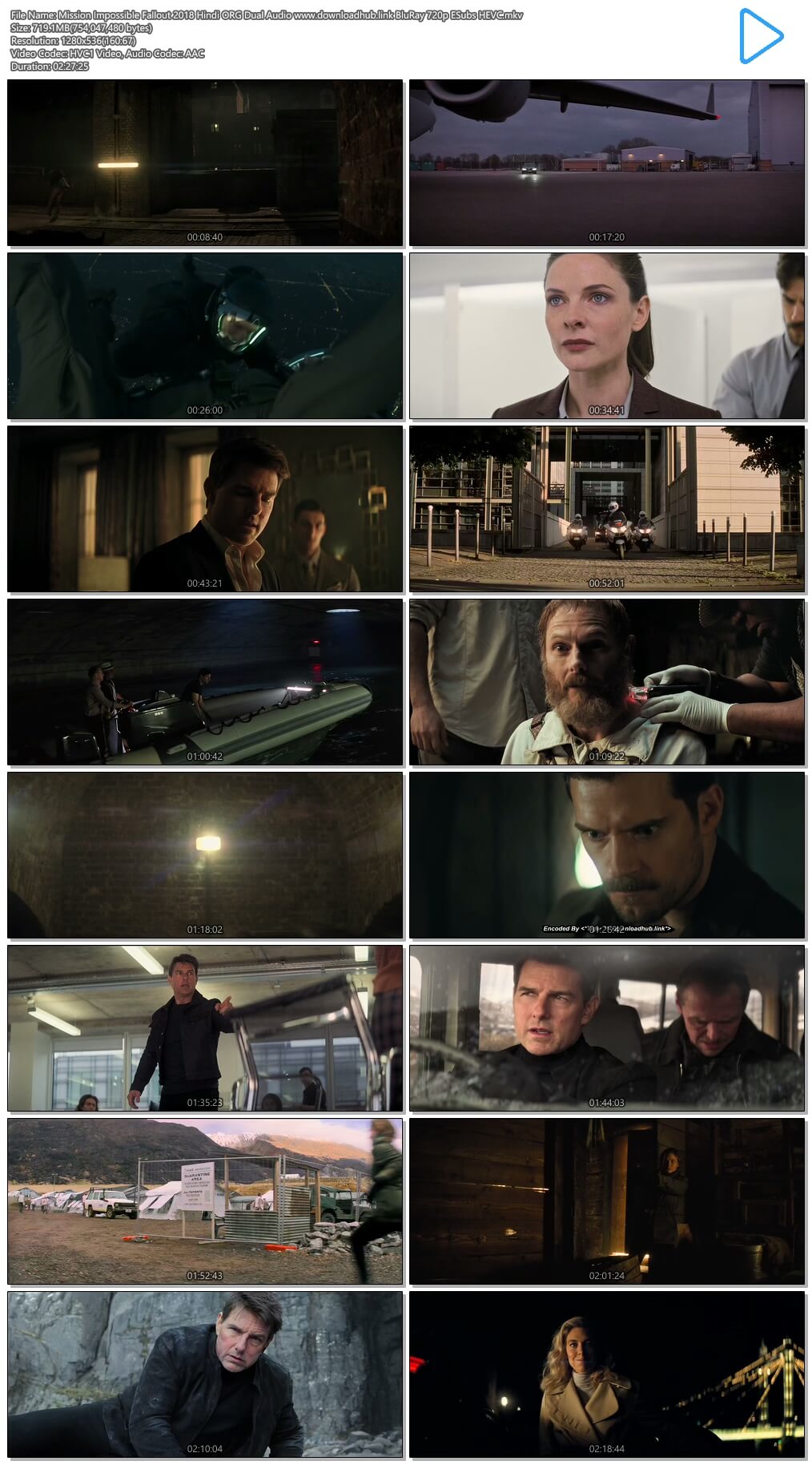 Mission Impossible Fallout 2018 Hindi ORG Dual Audio 700MB BluRay 720p ESubs HEVC